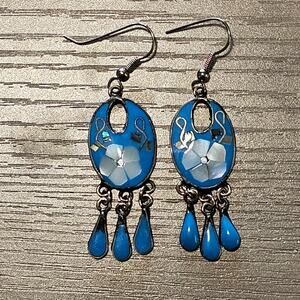 Vintage Alpaca Silver & Blue Enamel Dangle Earrings with Mother of Pearl Flowers